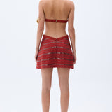 Brick Linen Mini Dress With Sequined Stripes & Handmade Rope Detailed Bra