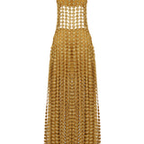 Gold Flower Embroidered Crystal Detailed Fringed Gown