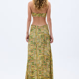 Gold Beaded Printed Chiffon Dress With Handmade Belt & Cut Out Detail