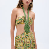 Gold Beaded Printed Chiffon Dress With Handmade Belt & Cut Out Detail