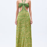 Gold Sequined Pistachio Green Chiffon Maxi Dress With Handmade Rope Detailed Bra Style