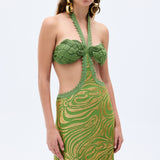 Gold Sequined Pistachio Green Chiffon Maxi Dress With Handmade Rope Detailed Bra Style