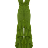 Pistachio Green Chiffon Laser Cut Frilled Gown With Slit In The Front