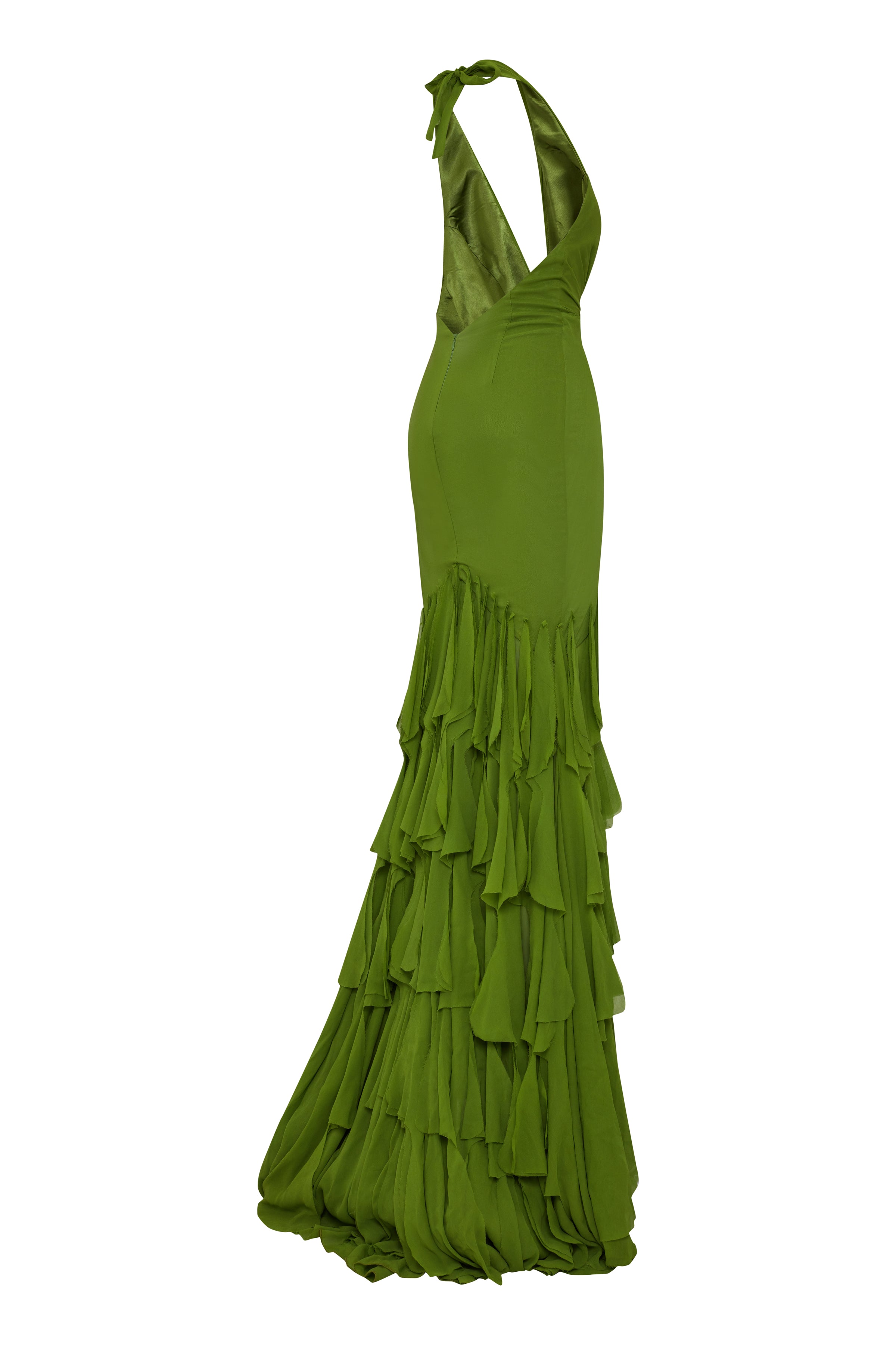 Pistachio Green Chiffon Laser Cut Frilled Gown With Slit In The