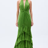 Pistachio Green Chiffon Laser Cut Frilled Gown With Slit In The Front