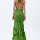 Pistachio Green Chiffon Laser Cut Frilled Gown With Slit In The Front