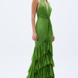 Pistachio Green Chiffon Laser Cut Frilled Gown With Slit In The Front