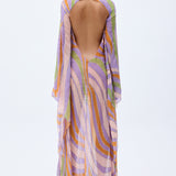 Gold Beaded Printed Chiffon Backless Gown With Flare Sleeves