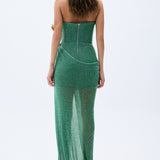 Green Sequined Net Corseted Gown With Slit