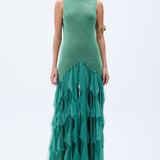 Green Sequined Net Gown With Stone Embellished Laser Cut Fringes