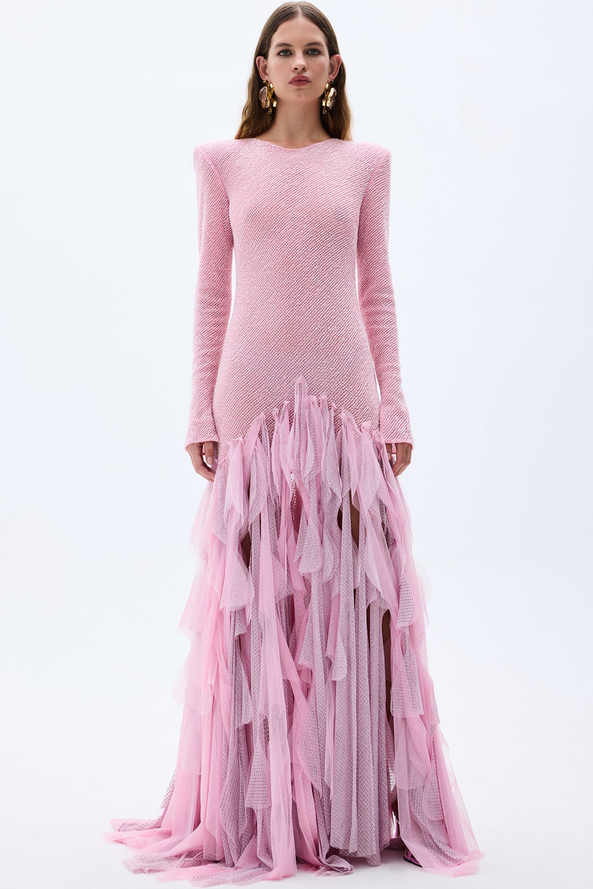 pink laser cut dress Metallic pink net mesh corseted draped dress with laser cut holographi