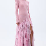 Pink Sequined Net Gown With Stone Embellished Laser Cut Fringes