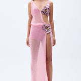 Pink Sequined Net Gown With Flower Embroidery And Slit Detail