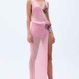 Pink Sequined Net Gown With Flower Embroidery And Slit Detail