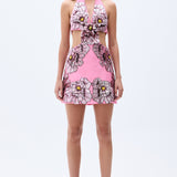 Pink Shantung Mini Dress With Flower Embroidery Detail