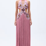 Flower Embdoridery Detailed Maxi Gown With Silk Fringes