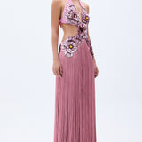 Flower Embdoridery Detailed Maxi Gown With Silk Fringes