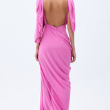 Pink Maxi Dress With Slit & Red Rope Detail On Shoulders