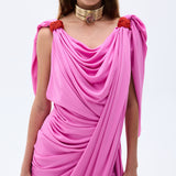 Pink Maxi Dress With Slit & Red Rope Detail On Shoulders