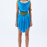 Blue Mini Dress With Pistachio Green Handmade Belt Detail