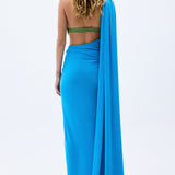 One Shouldered Blue Maxi Dress With Handmade Rope Detailed Bra