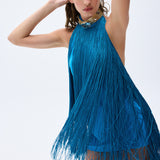 Backless Blue Mini Dress With Silk Fringes & Swarovski Stone Detailed Necklace