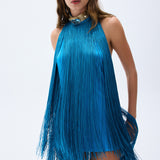 Backless Blue Mini Dress With Silk Fringes & Swarovski Stone Detailed Necklace