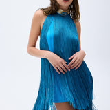 Backless Blue Mini Dress With Silk Fringes & Swarovski Stone Detailed Necklace