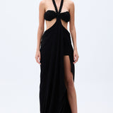 Black Backless Cut Out Maxi Dress With Handmade Rope Detailed Bra & Slit In The Front