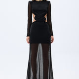 Glittered Black Knit Maxi Dress With Long Sleeves And Handmade Belt Detail