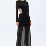 Glittered Black Knit Maxi Dress With Long Sleeves And Handmade Belt Detail