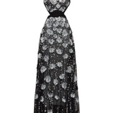 Flower Shaped Sequin Embroidered Black Net Gown With Handmade Belt Detail