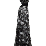 Flower Shaped Sequin Embroidered Black Net Gown With Handmade Belt Detail