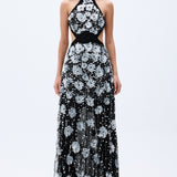 Flower Shaped Sequin Embroidered Black Net Gown With Handmade Belt Detail