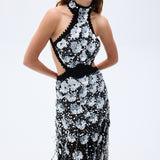 Flower Shaped Sequin Embroidered Black Net Gown With Handmade Belt Detail