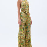 Gold Beaded Printed Chiffon Jumpsuit With Chain Belt