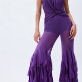 Purple Chiffon Jumpsuit With Laser Cut Frilled Cuffs