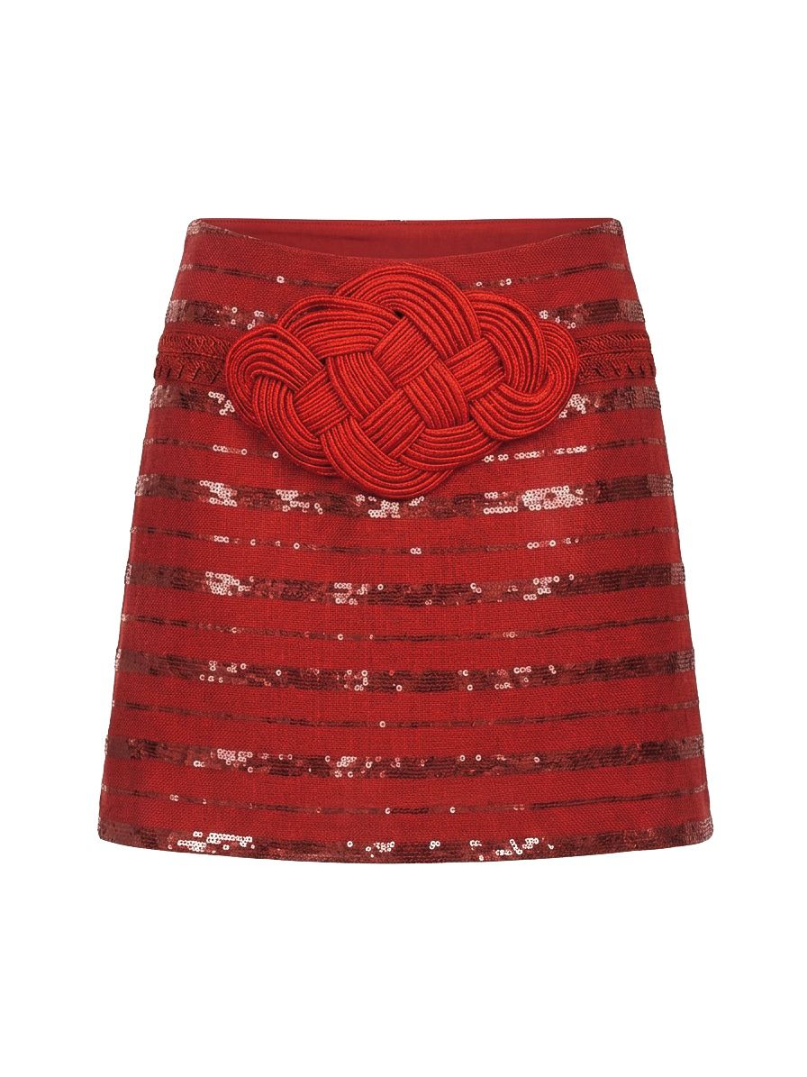 S-BR36-28149 raisa_vanessa brick-linen-mini-skirt-with-sequined-stripes-handmade-belt-detail