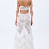 Laser Cut Chiffon Frill Detailed White Guipure Maxi Skirt