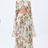 Pleated Chiffon Wide Leg Flower Printed Pants