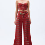 Brick Linen Wide Leg Pants With Sequined Stripes