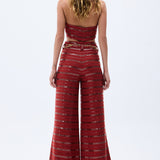 Brick Linen Wide Leg Pants With Sequined Stripes