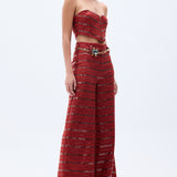 Brick Linen Wide Leg Pants With Sequined Stripes