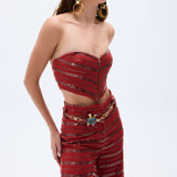 Brick Linen Wide Leg Pants With Sequined Stripes