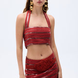 Brick Linen Strappy Crop Top With Sequined Stripes