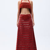 Brick Linen Maxi Skirt With Sequined Stripes & Handmade Belt Detail