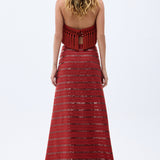 Brick Linen Maxi Skirt With Sequined Stripes & Handmade Belt Detail