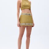 Gold Woven Mini Skirt With Embroidered Strips