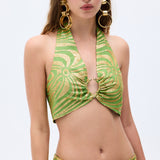 Gold Sequined Pistachio Green Chiffon Crop Top