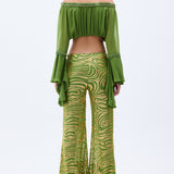 Green Chiffon Top With Gold Crystals And Flare Sleeves